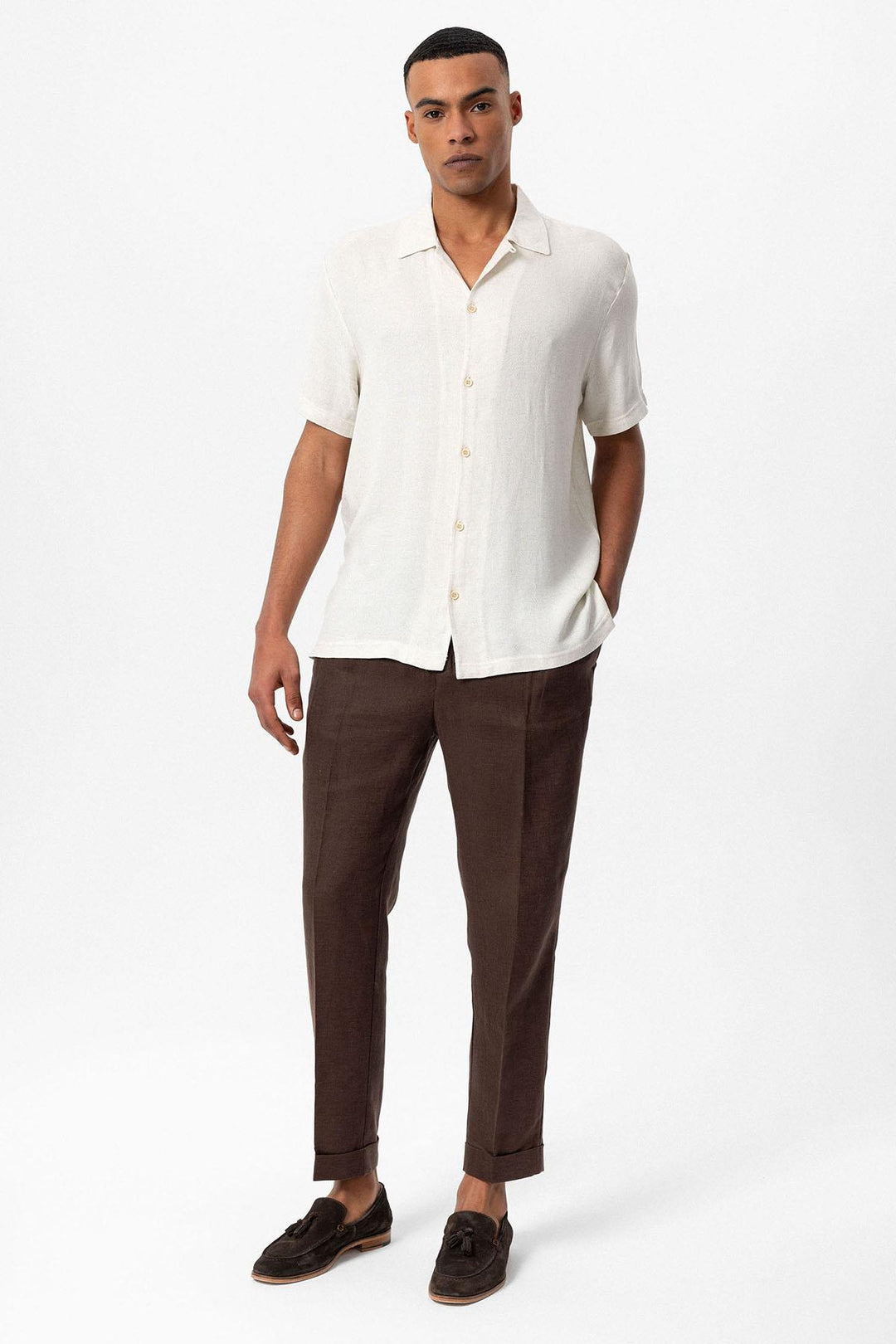 Men's Ecru Knit Textured Camp Collar Shirt - Wessi