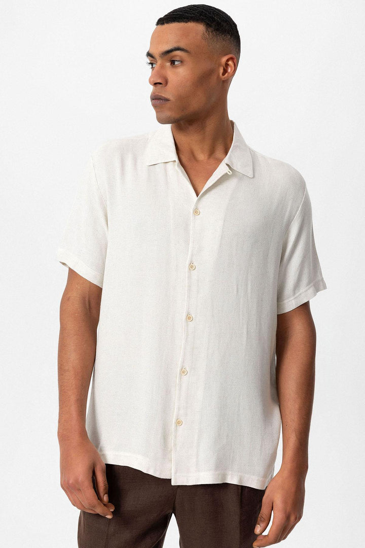 Men's Ecru Knit Textured Camp Collar Shirt - Wessi