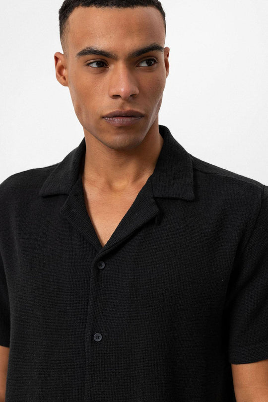 Chemise Col Camp Texturé Tricot Noir Homme - Wessi