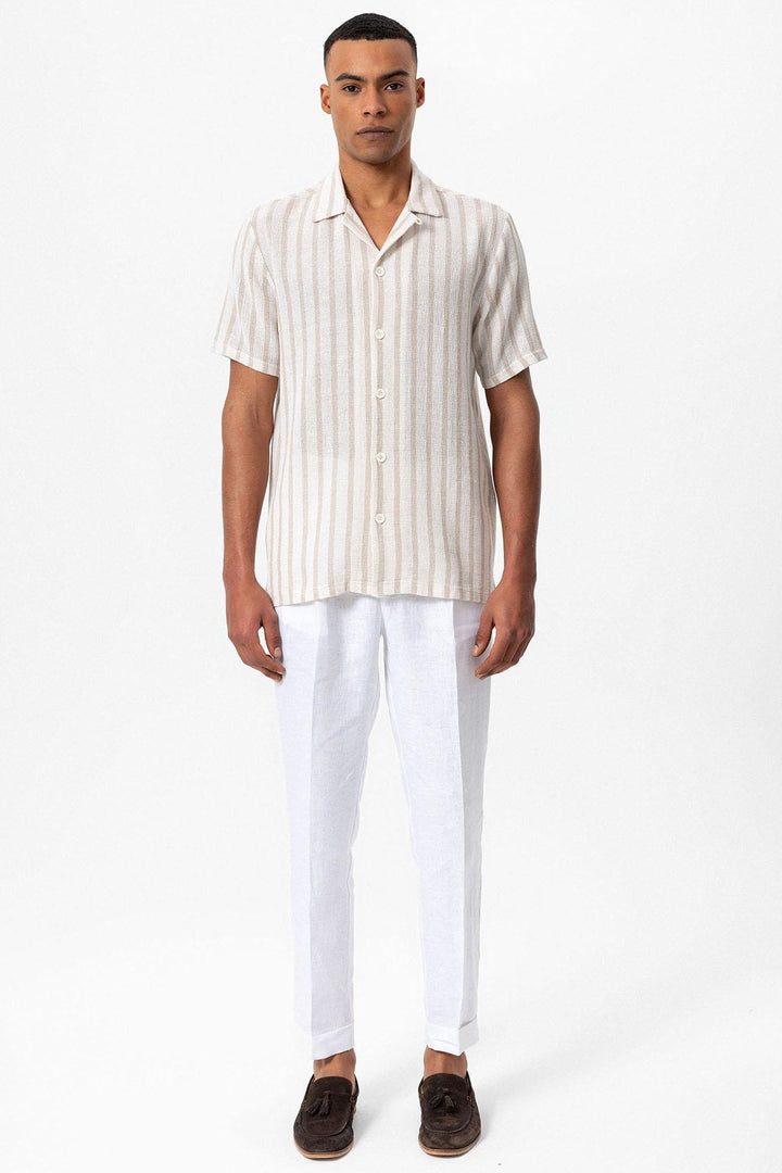 Men's Beige Camp Collar Knit Short-Sleeve Shirt - Wessi