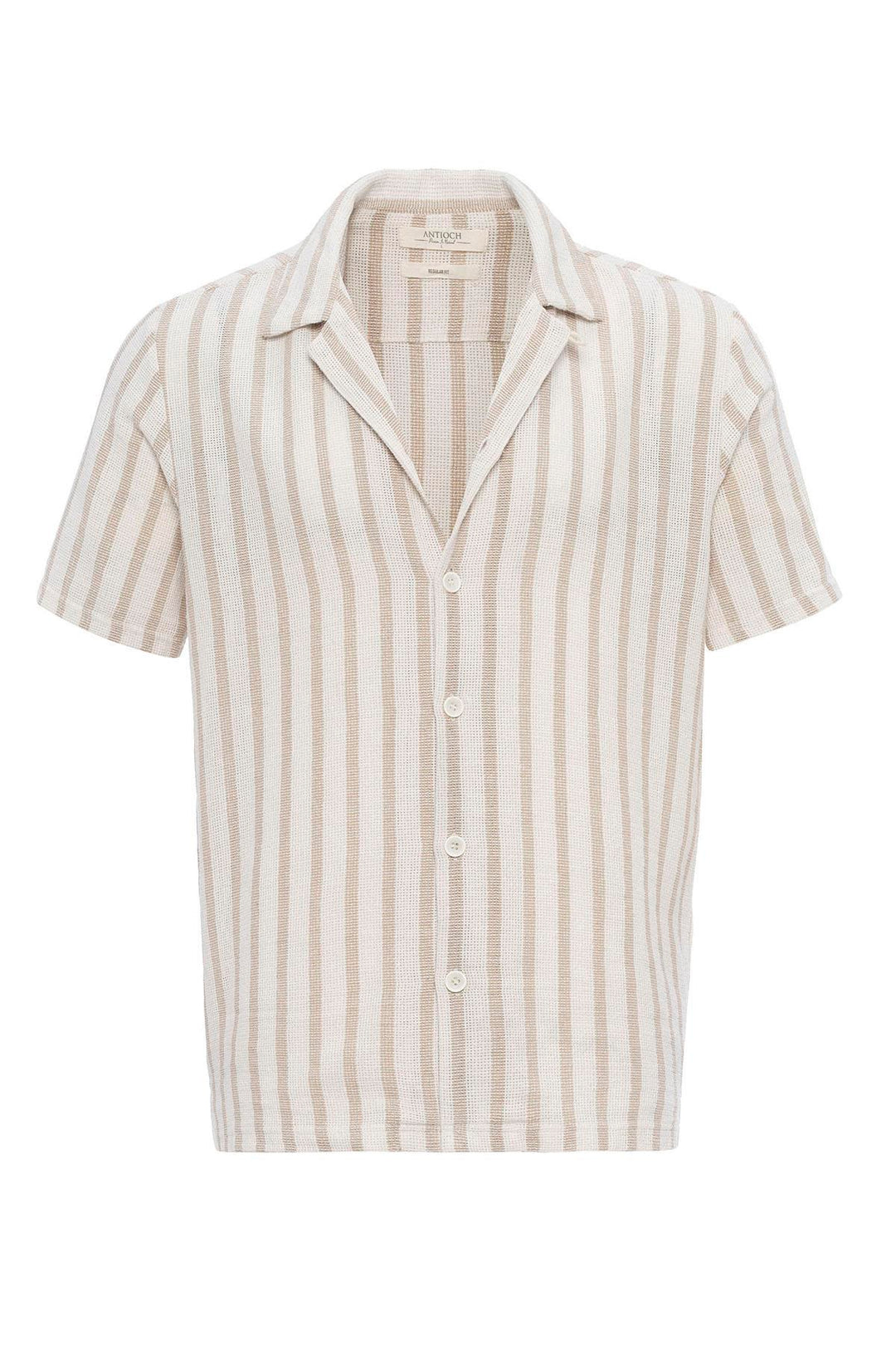 Men's Beige Camp Collar Knit Short-Sleeve Shirt - Wessi