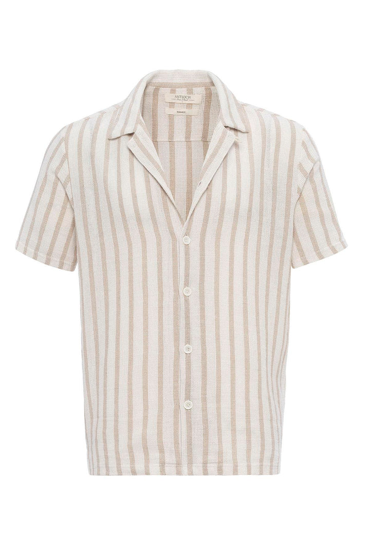 Men's Beige Camp Collar Knit Short-Sleeve Shirt - Wessi