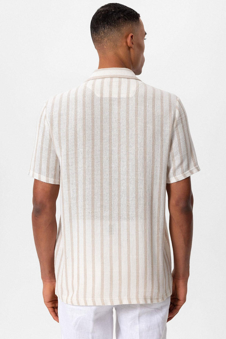 Men's Beige Camp Collar Knit Short-Sleeve Shirt - Wessi