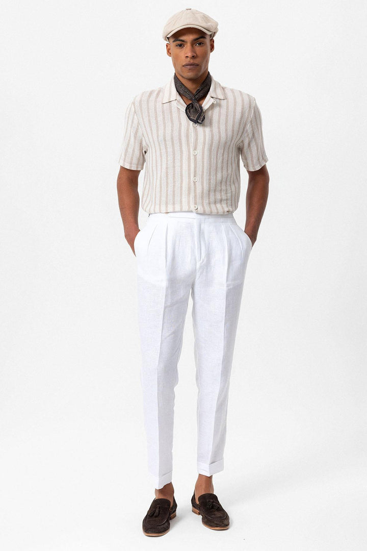 Men's Beige Camp Collar Knit Short-Sleeve Shirt - Wessi