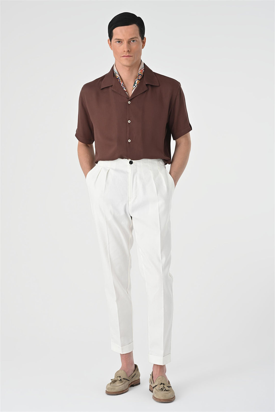 Men's Brown Open Collar Oversized Short Sleeve Shirt - Wessi