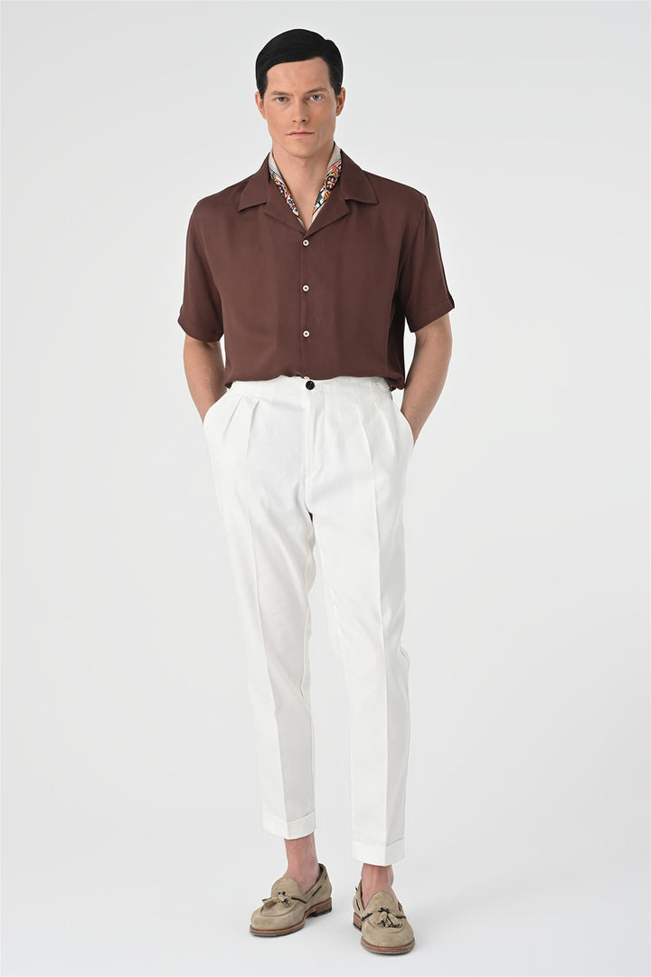 Men's Brown Open Collar Oversized Short Sleeve Shirt - Wessi
