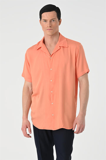 Men's Salmon Open Collar Oversized Short Sleeve Shirt - Wessi