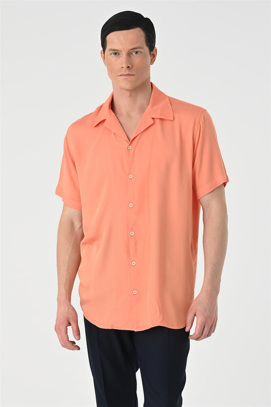 Men's Salmon Open Collar Oversized Short Sleeve Shirt - Wessi