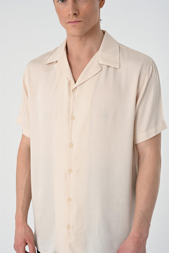 Men's Beige Open Collar Oversized Short Sleeve Shirt - Wessi