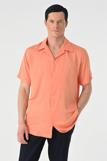 Men's Salmon Open Collar Oversized Short Sleeve Shirt - Wessi