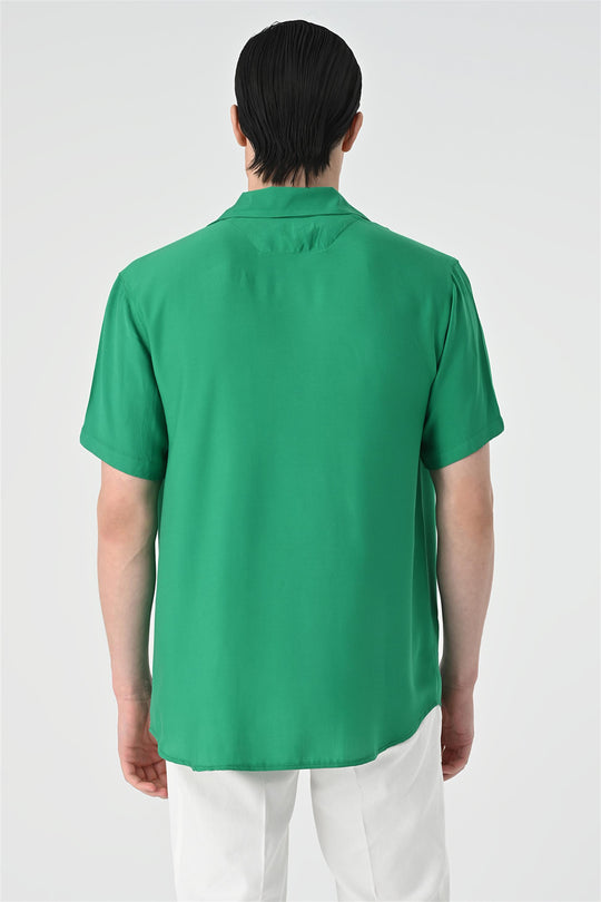 Men's Green Open Collar Oversized Short Sleeve Shirt - Wessi