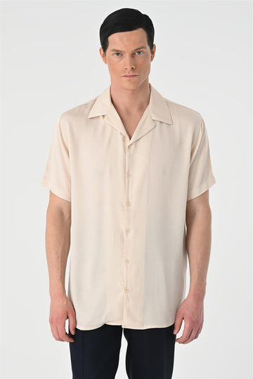 Men's Beige Open Collar Oversized Short Sleeve Shirt - Wessi