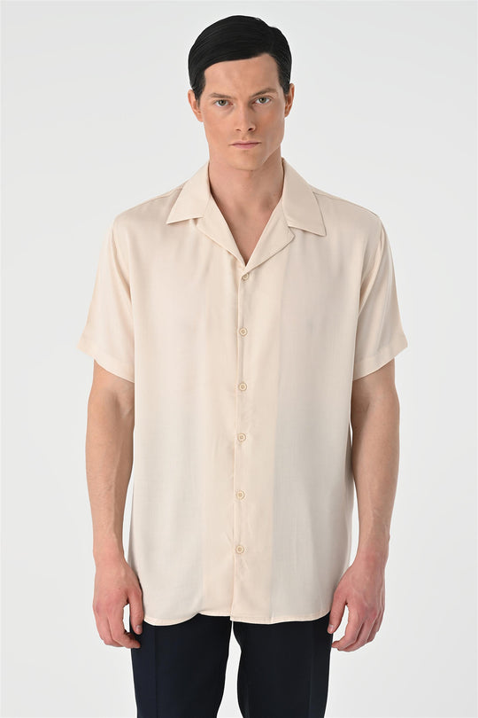 Men's Beige Open Collar Oversized Short Sleeve Shirt - Wessi