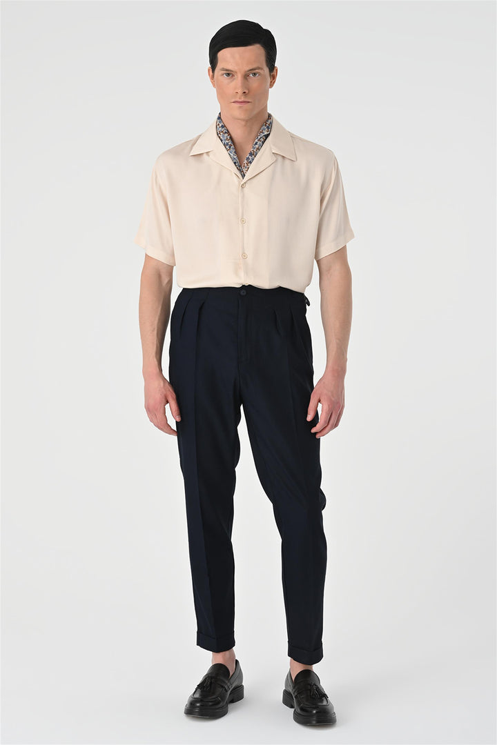 Men's Beige Open Collar Oversized Short Sleeve Shirt - Wessi