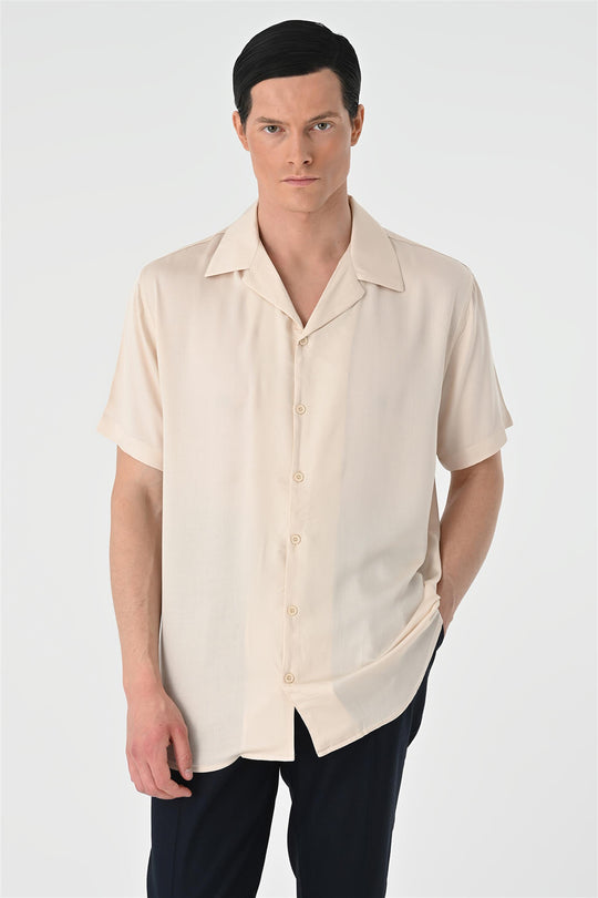 Men's Beige Open Collar Oversized Short Sleeve Shirt - Wessi