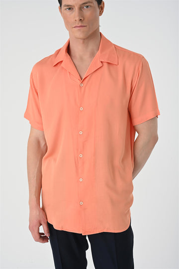 Men's Salmon Open Collar Oversized Short Sleeve Shirt - Wessi