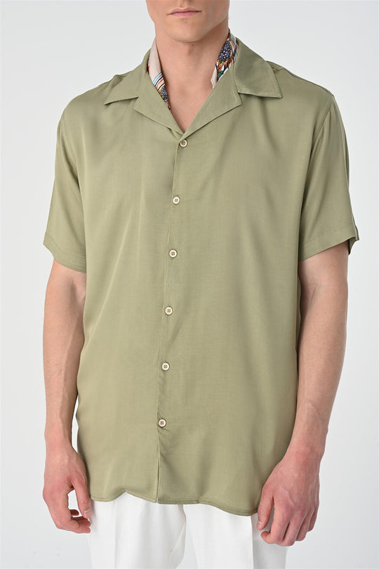 Men's Khaki Open Collar Oversized Short Sleeve Shirt - Wessi