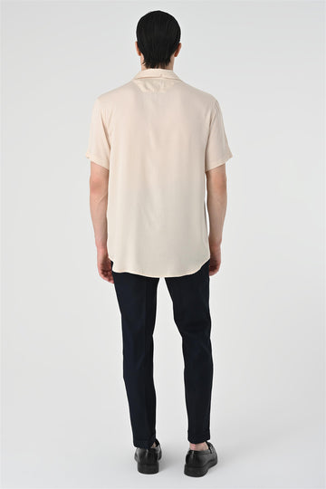 Men's Beige Open Collar Oversized Short Sleeve Shirt - Wessi