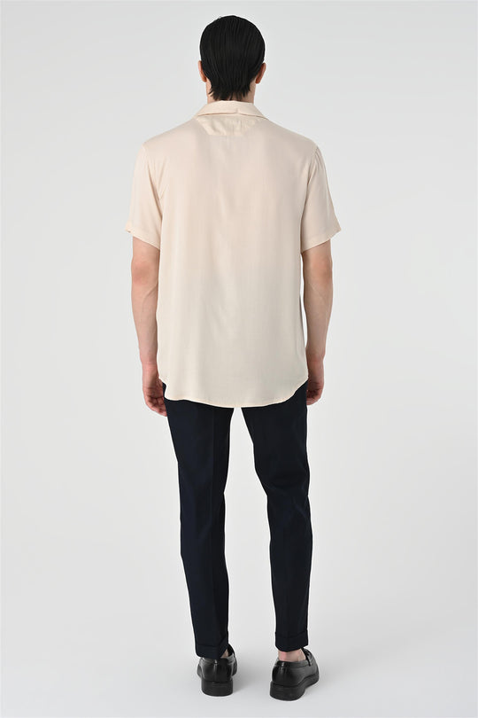Men's Beige Open Collar Oversized Short Sleeve Shirt - Wessi