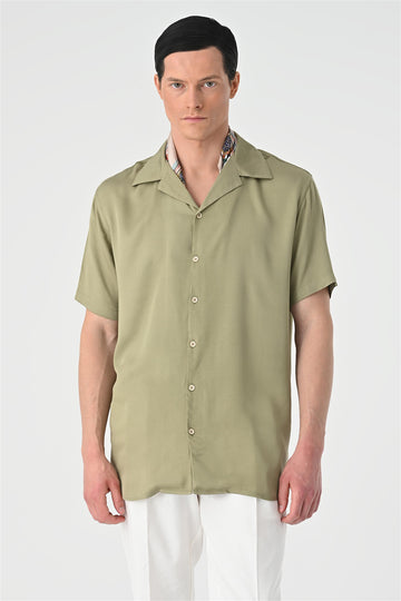 Men's Khaki Open Collar Oversized Short Sleeve Shirt - Wessi