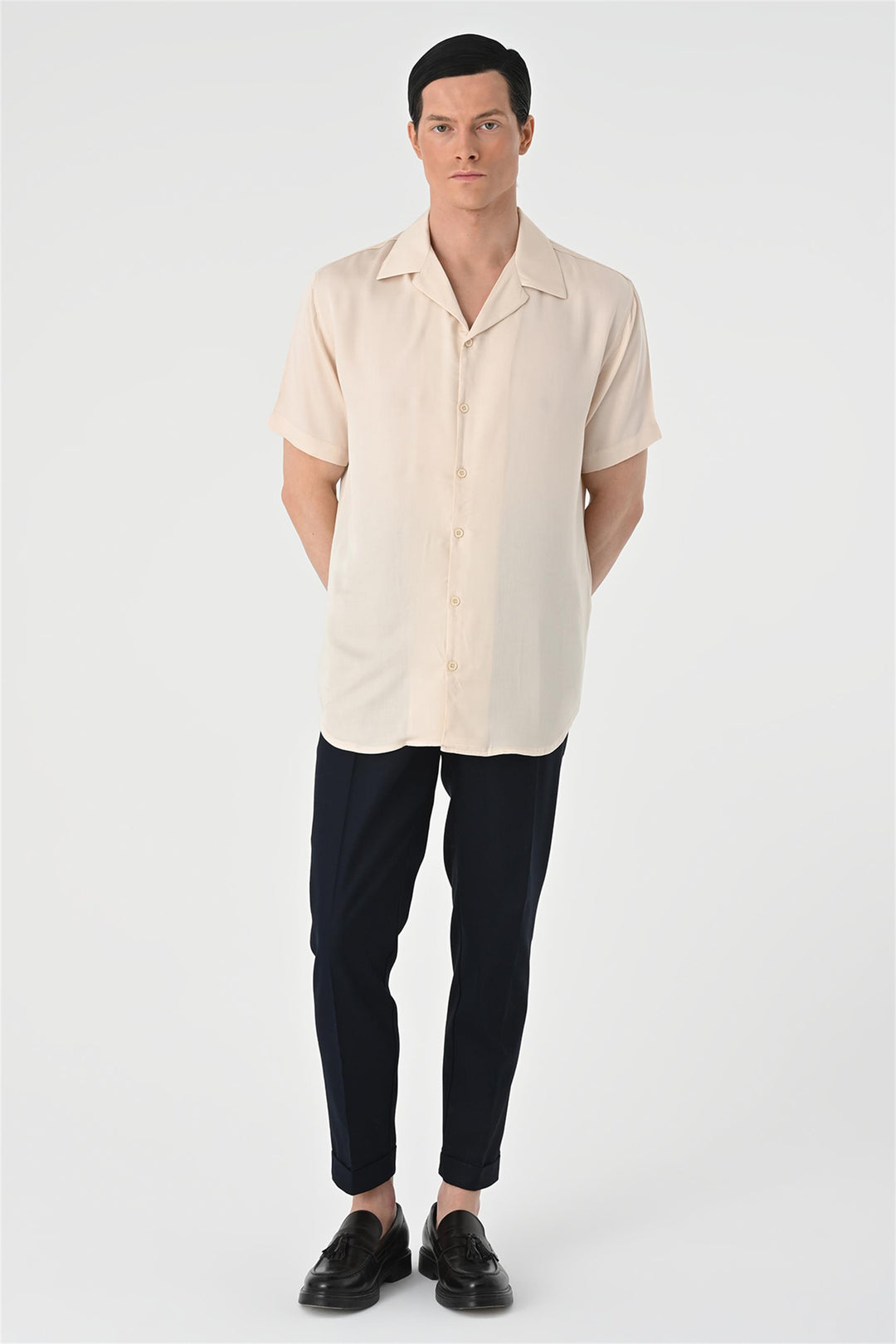 Men's Beige Open Collar Oversized Short Sleeve Shirt - Wessi