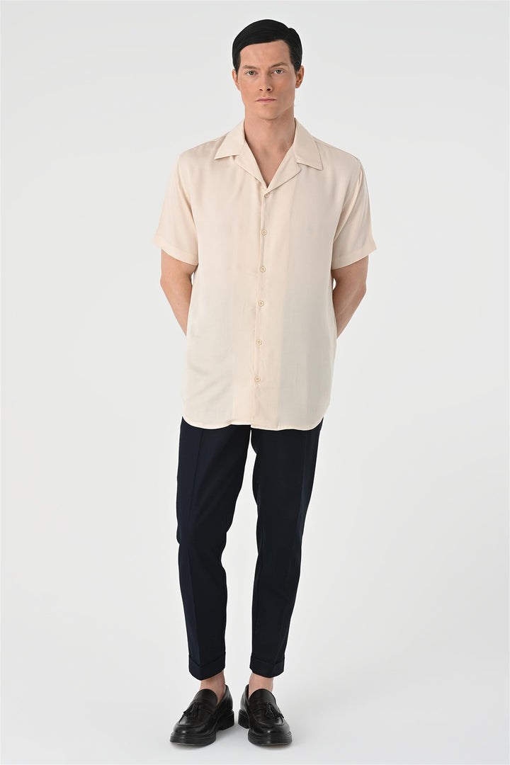 Men's Beige Open Collar Oversized Short Sleeve Shirt - Wessi