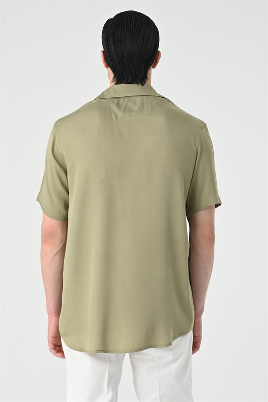 Men's Khaki Open Collar Oversized Short Sleeve Shirt - Wessi