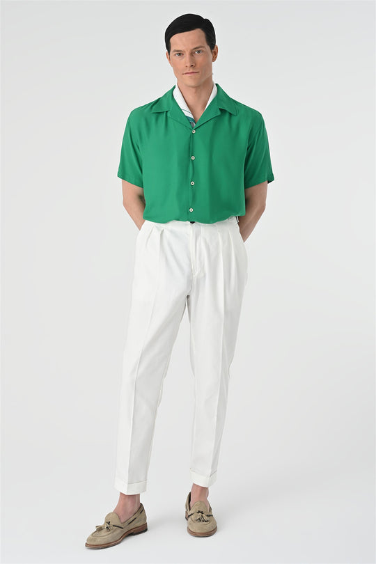 Men's Green Open Collar Oversized Short Sleeve Shirt - Wessi
