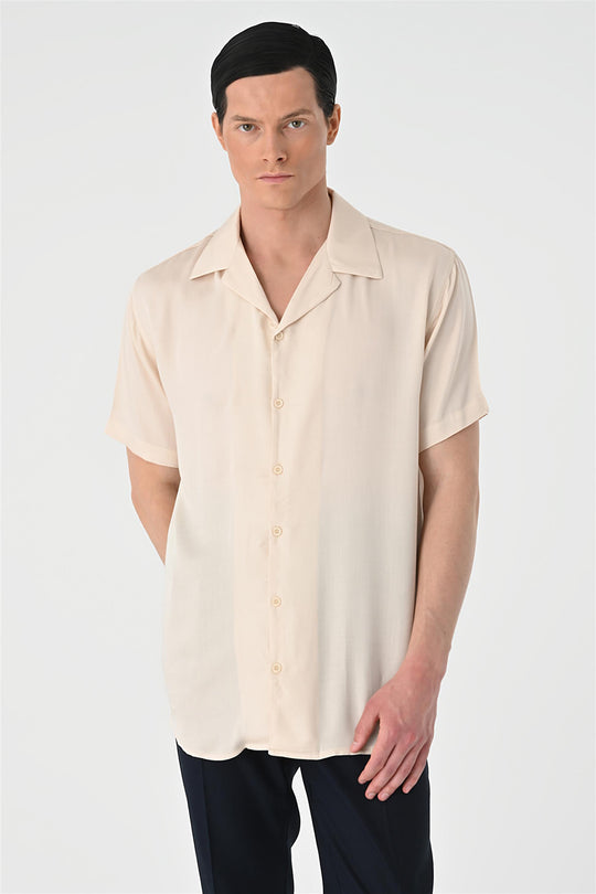 Men's Beige Open Collar Oversized Short Sleeve Shirt - Wessi