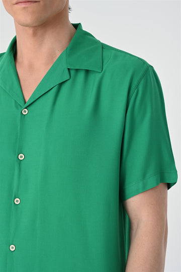 Men's Green Open Collar Oversized Short Sleeve Shirt - Wessi
