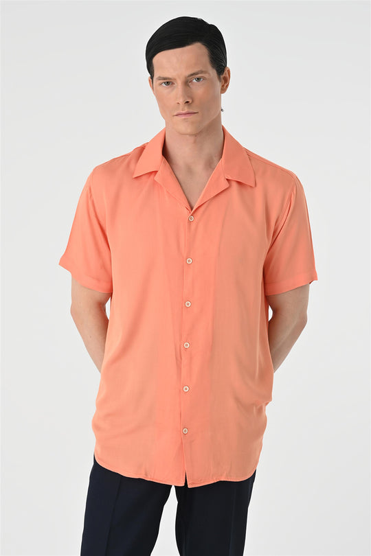 Men's Salmon Open Collar Oversized Short Sleeve Shirt - Wessi