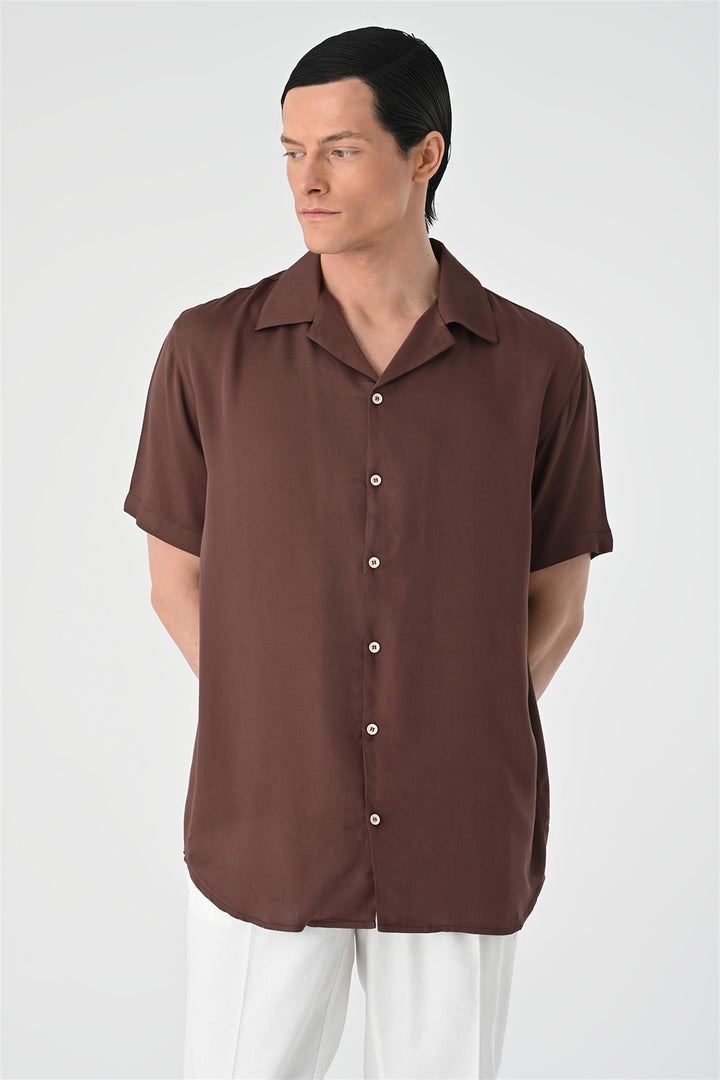 Men's Brown Open Collar Oversized Short Sleeve Shirt - Wessi