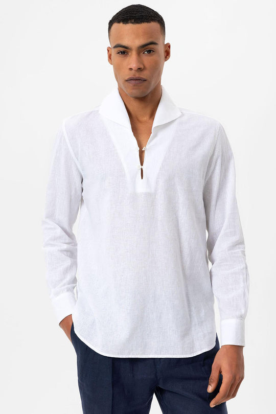 Men's White Camp Collar Button-Down Shirt - Wessi