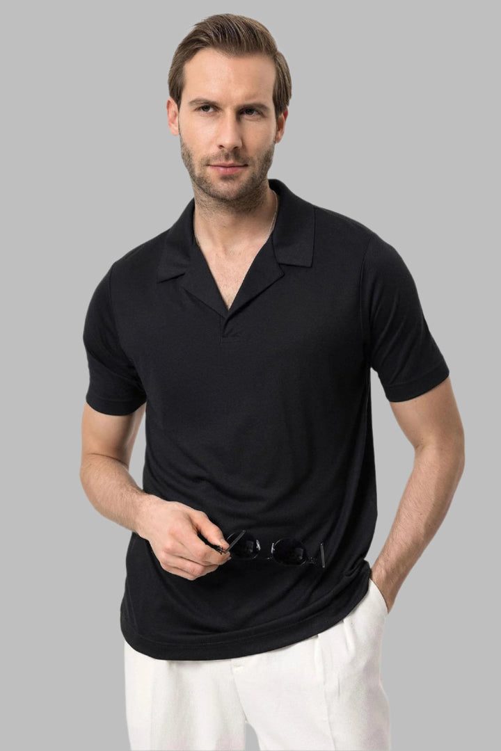 Men's Black Camp Collar Regular Fit  T-Shirt - Wessi