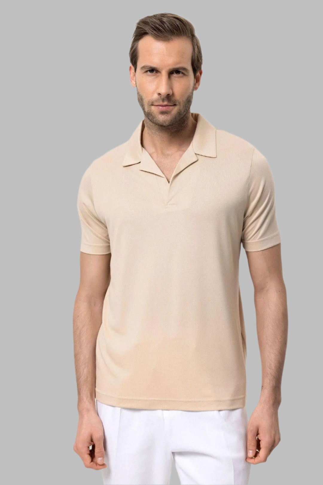 Men's Beige Camp Collar Regular Fit  T-Shirt - Wessi