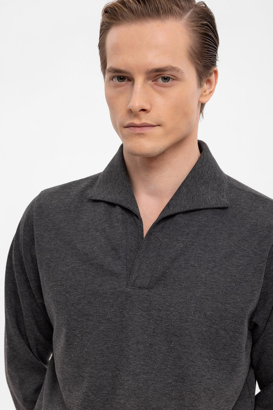 Men's Anthracite Camp Collar Regular Fit Long Sleeve Sweater - Wessi