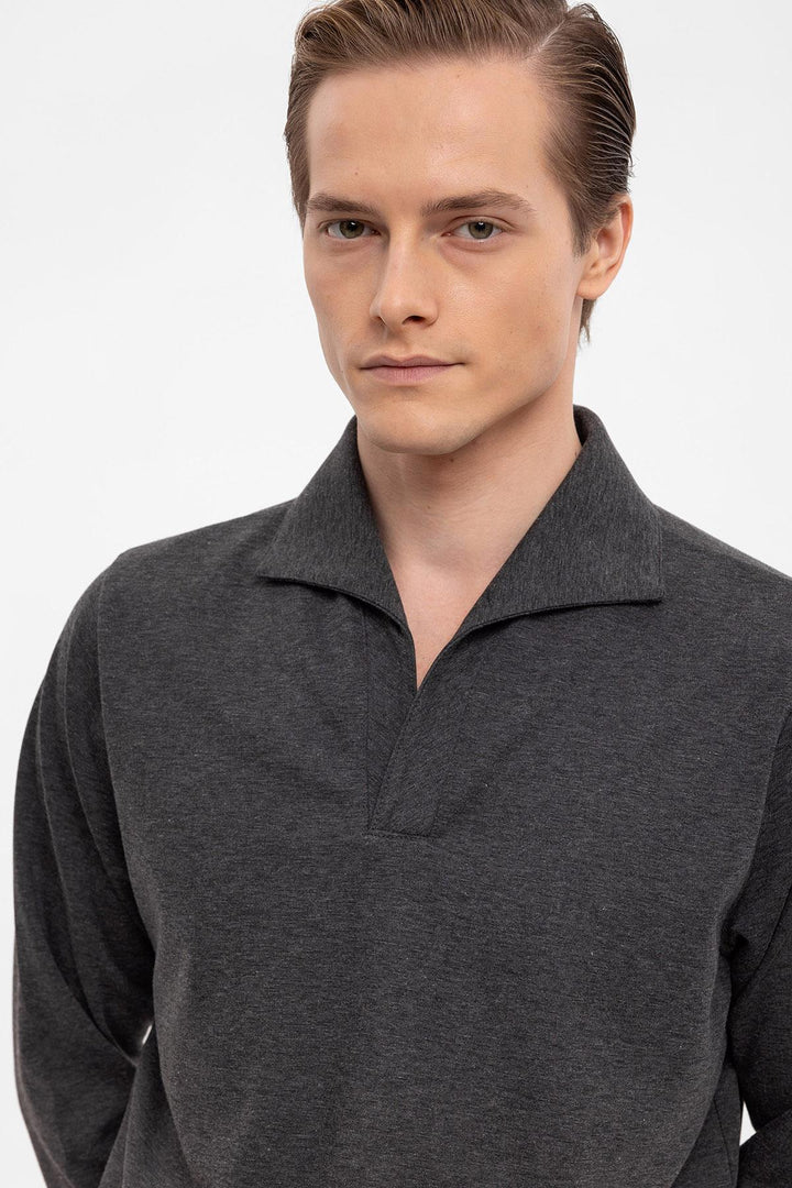 Men's Anthracite Camp Collar Regular Fit Long Sleeve Sweater - Wessi