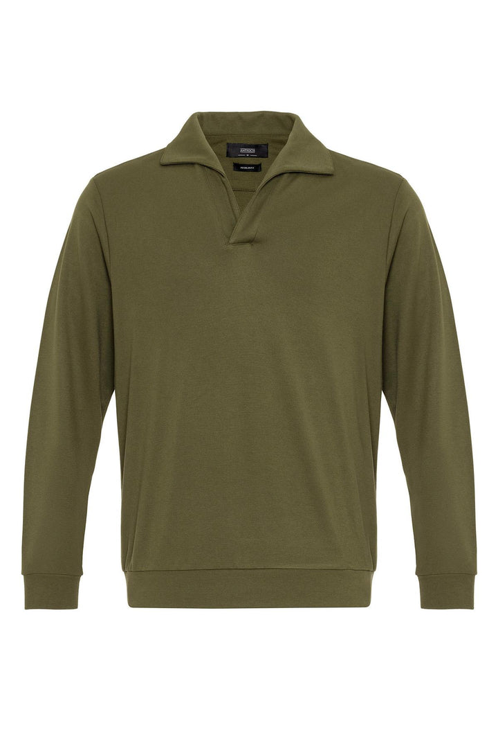 Men's Green Camp Collar Regular Fit Long Sleeve Sweater - Wessi