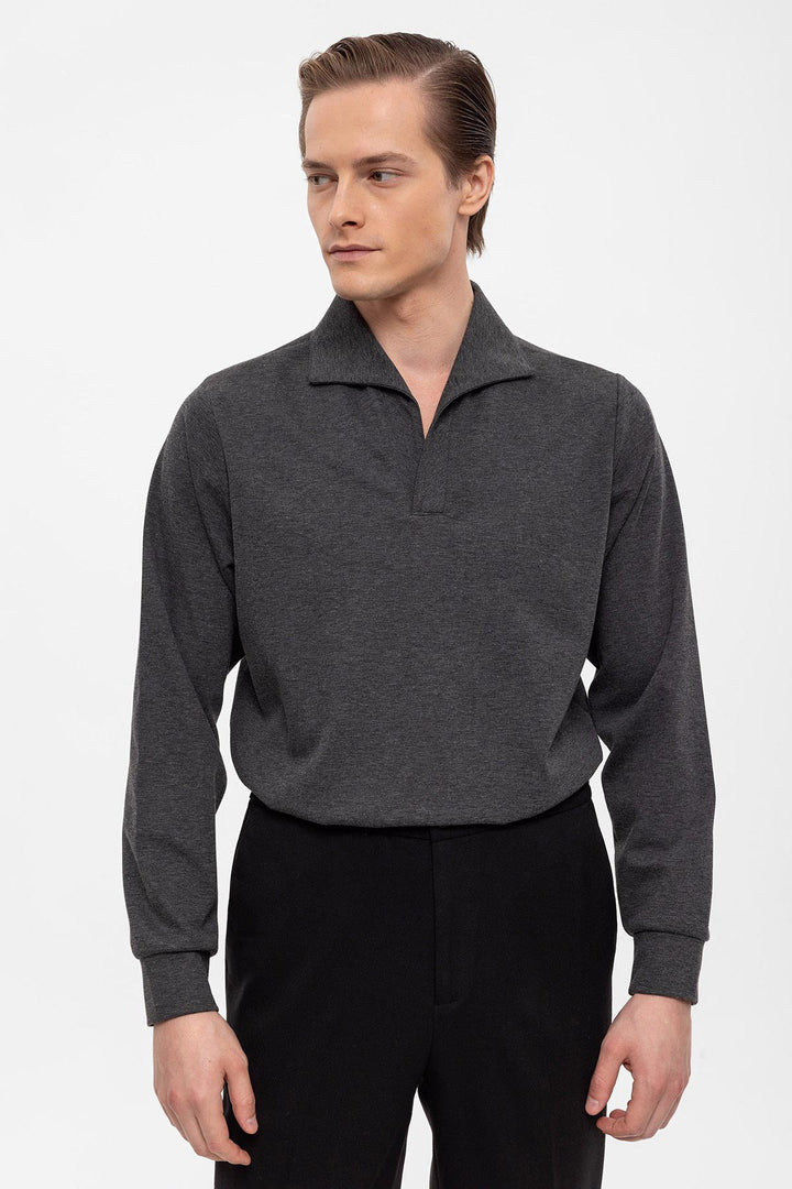 Men's Anthracite Camp Collar Regular Fit Long Sleeve Sweater - Wessi