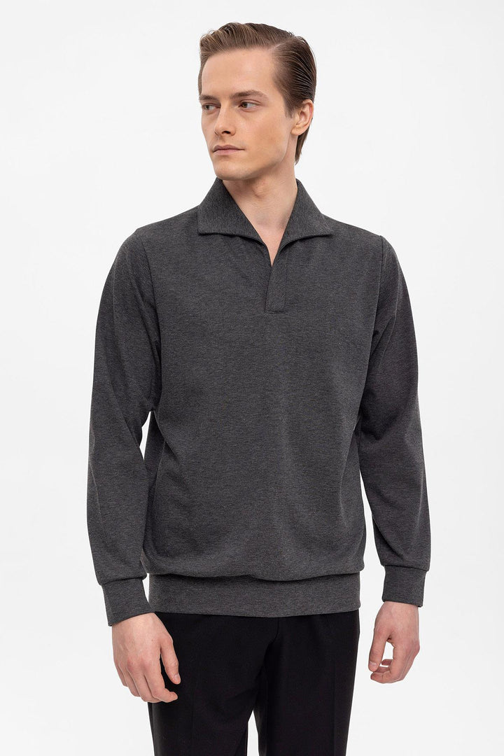 Men's Anthracite Camp Collar Regular Fit Long Sleeve Sweater - Wessi