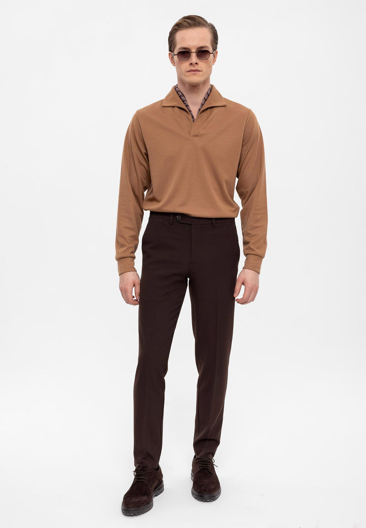 Men's Tan Camp Collar Regular Fit Long Sleeve Sweater - Wessi