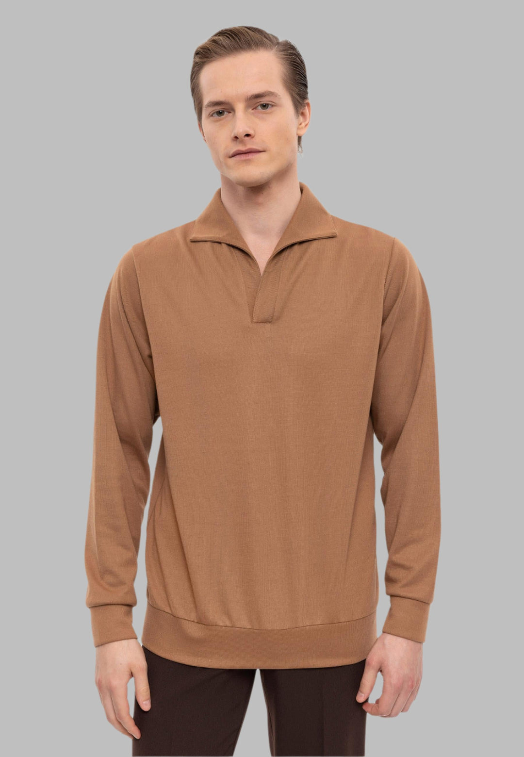 Men's Tan Camp Collar Regular Fit Long Sleeve Sweater - Wessi
