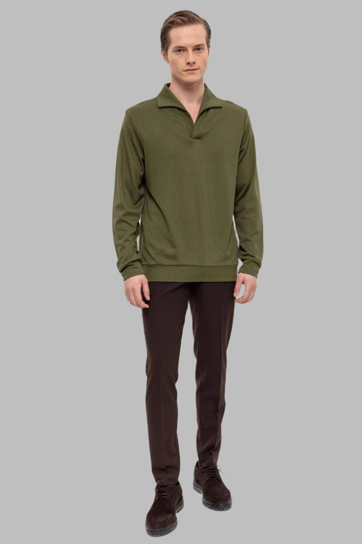 Men's Green Camp Collar Regular Fit Long Sleeve Sweater - Wessi