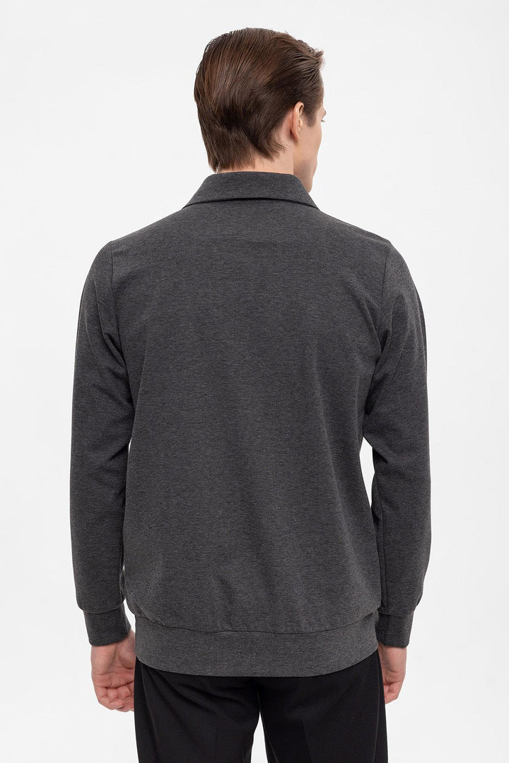 Men's Anthracite Camp Collar Regular Fit Long Sleeve Sweater - Wessi