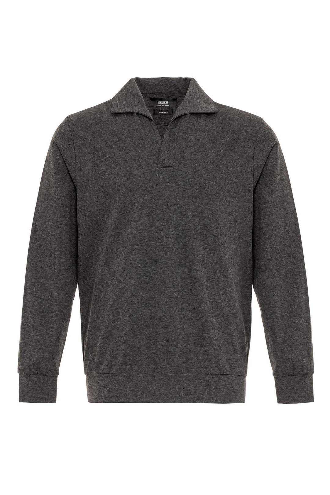 Men's Anthracite Camp Collar Regular Fit Long Sleeve Sweater - Wessi