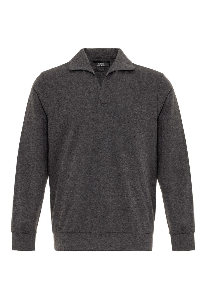 Men's Anthracite Camp Collar Regular Fit Long Sleeve Sweater - Wessi