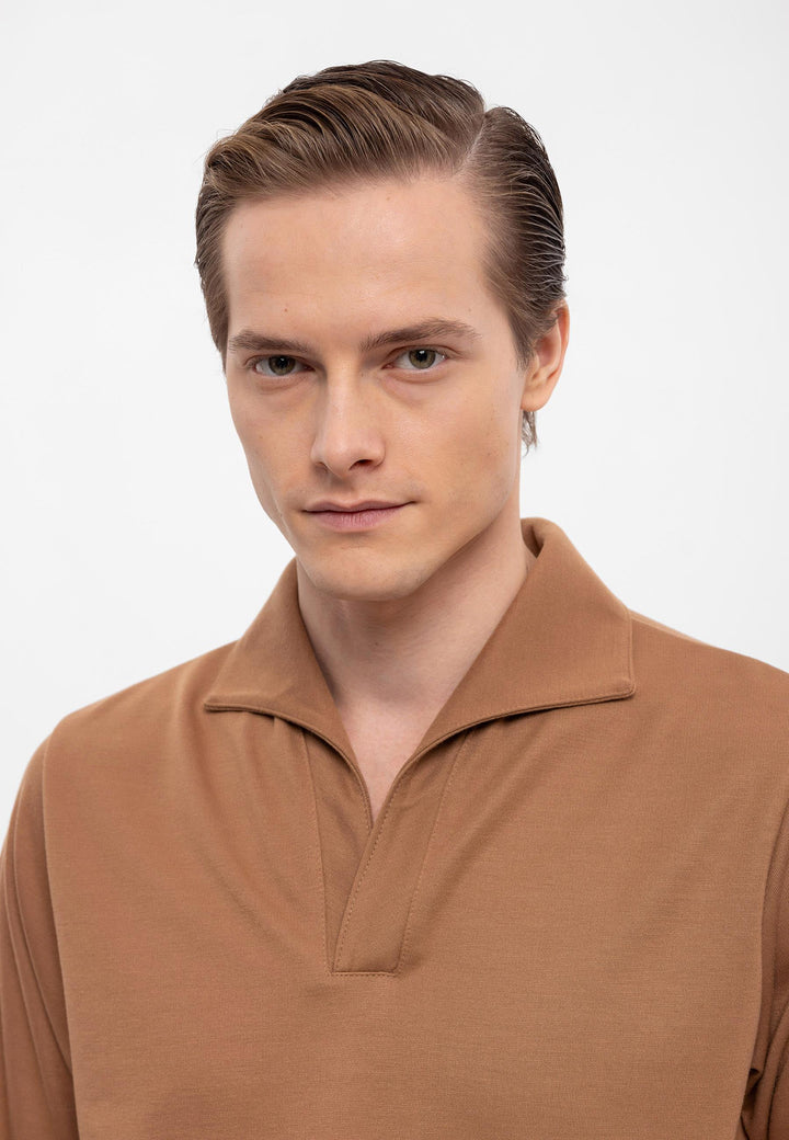 Men's Tan Camp Collar Regular Fit Long Sleeve Sweater - Wessi