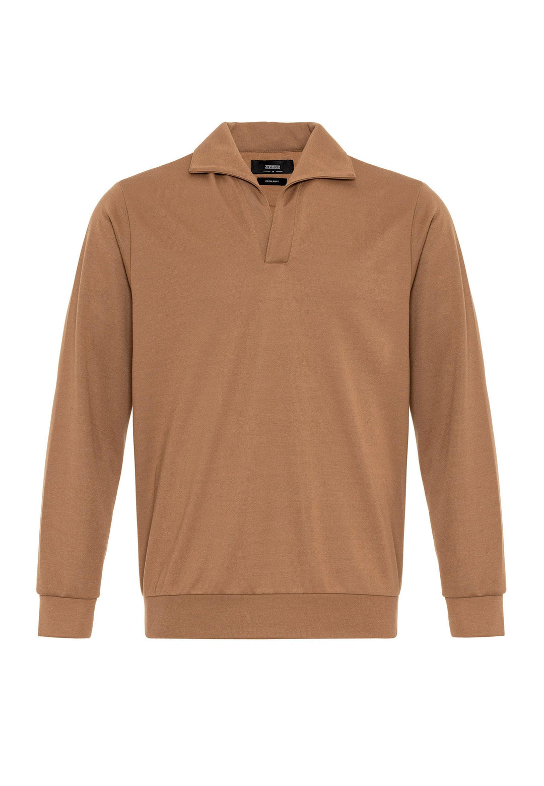 Men's Tan Camp Collar Regular Fit Long Sleeve Sweater - Wessi