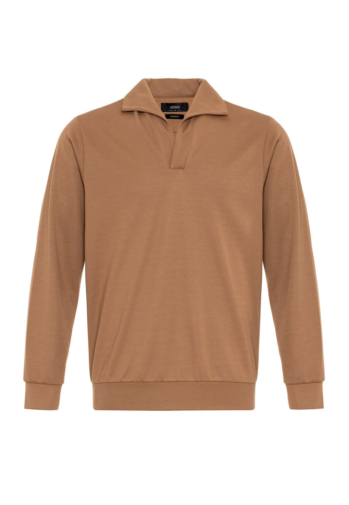 Men's Tan Camp Collar Regular Fit Long Sleeve Sweater - Wessi