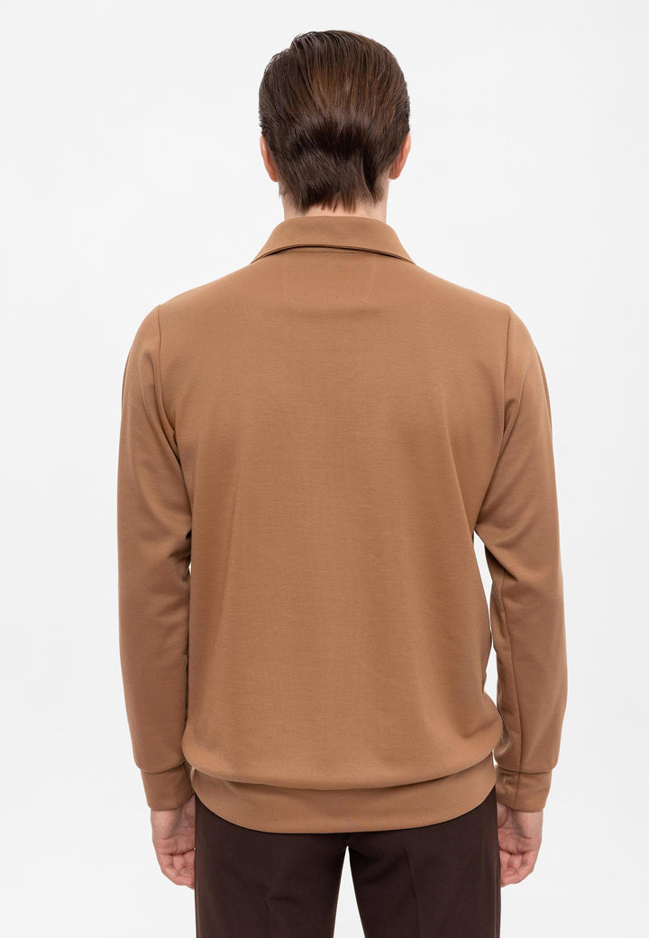 Men's Tan Camp Collar Regular Fit Long Sleeve Sweater - Wessi